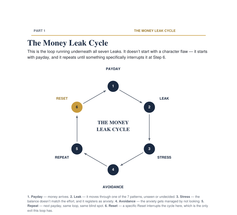 The Money Leak Cycle diagram from the Life Reset guide