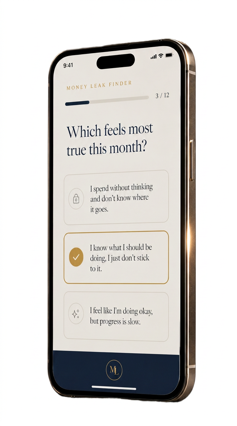A phone showing the Money Leak Finder™ assessment, question 3 of 12